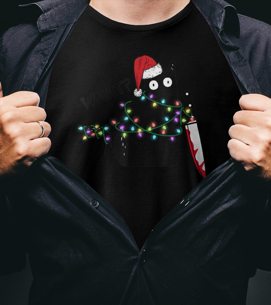 What Cat Wrapped In Xmas Lights Holding Knife Wearing Santa Hat T-Shirt