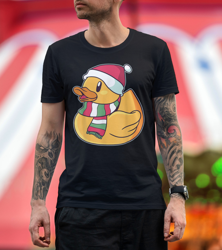 Xmas Rubber Ducky Duckie Duck with Santa Hat and Scarf T-Shirt