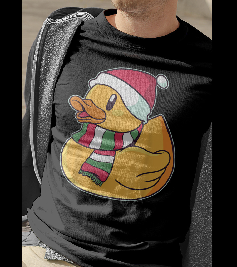 Xmas Rubber Ducky Duckie Duck With Santa Hat And Scarf T-Shirt
