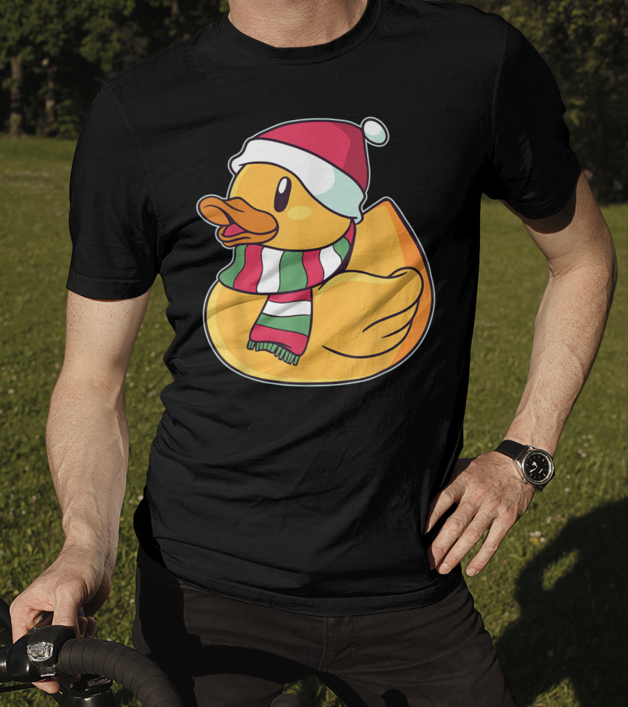 Xmas Rubber Ducky Duckie Duck With Santa Hat And Scarf T-Shirt