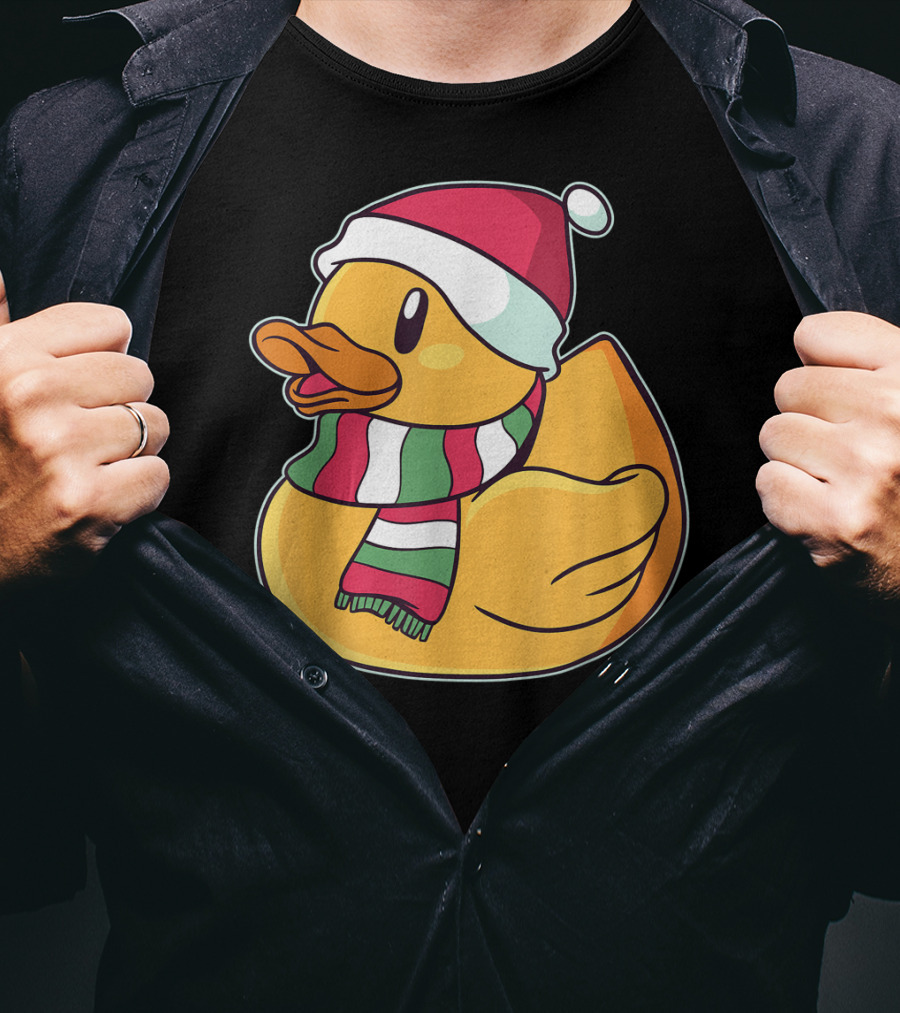 Xmas Rubber Ducky Duckie Duck With Santa Hat And Scarf T-Shirt