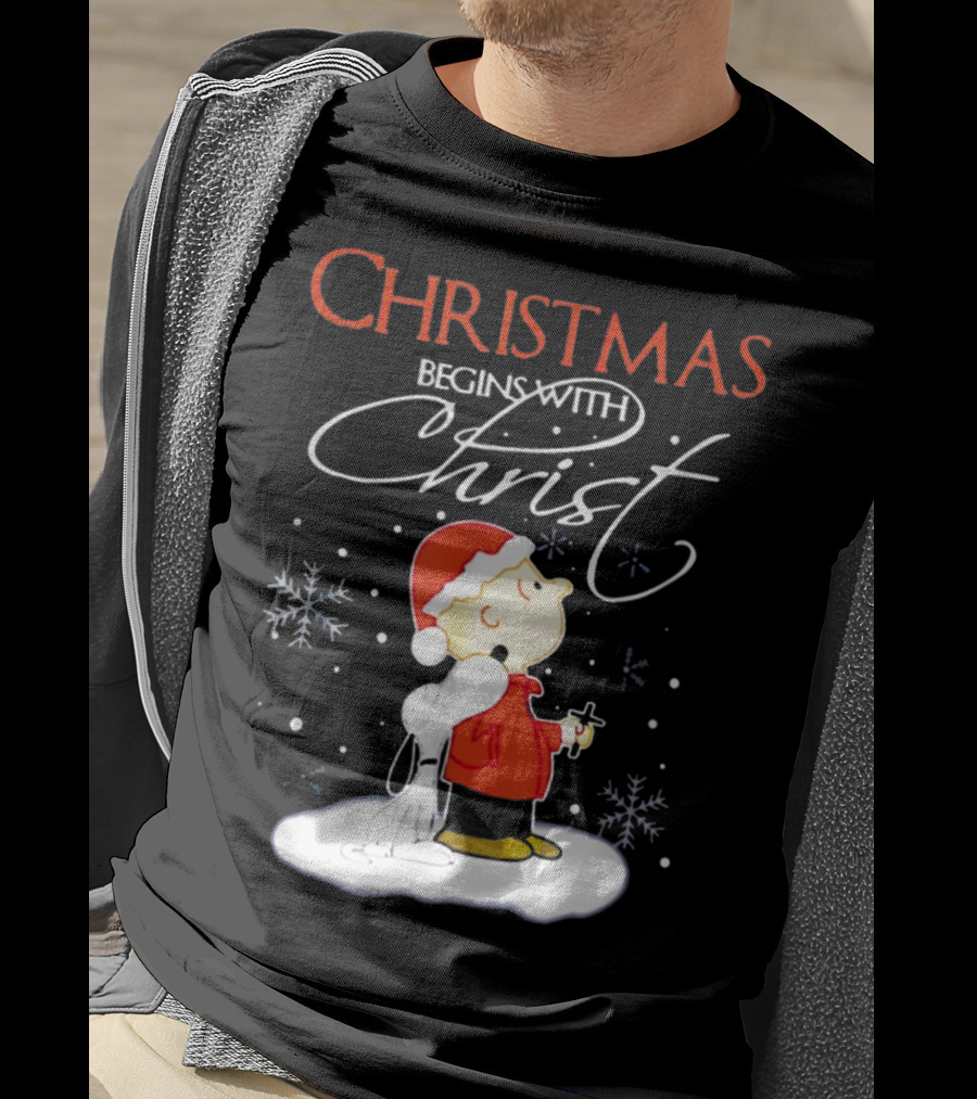 Christmas Begins With Christ Xmas Holiday Boy And Dog With Snowflakes T-Shirt