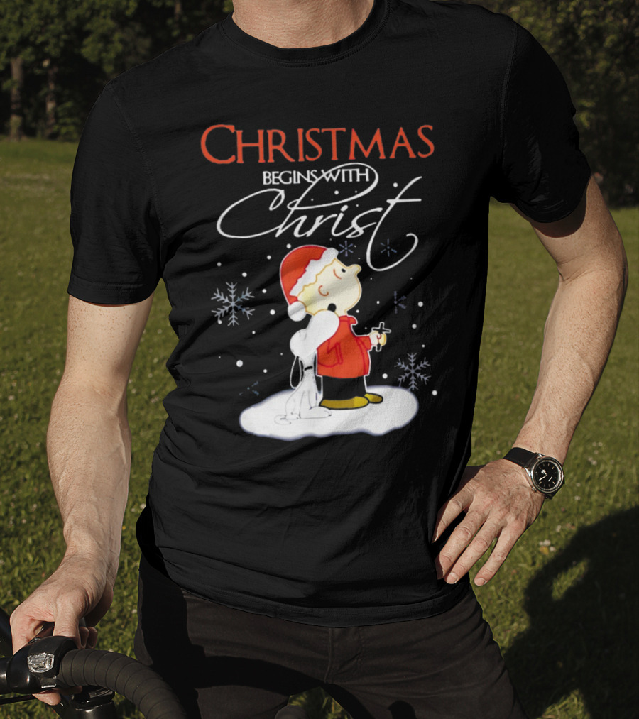 Christmas Begins With Christ Xmas Holiday Boy And Dog With Snowflakes T-Shirt