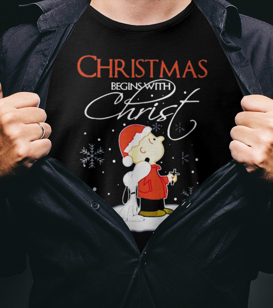Christmas Begins With Christ Xmas Holiday Boy And Dog With Snowflakes T-Shirt