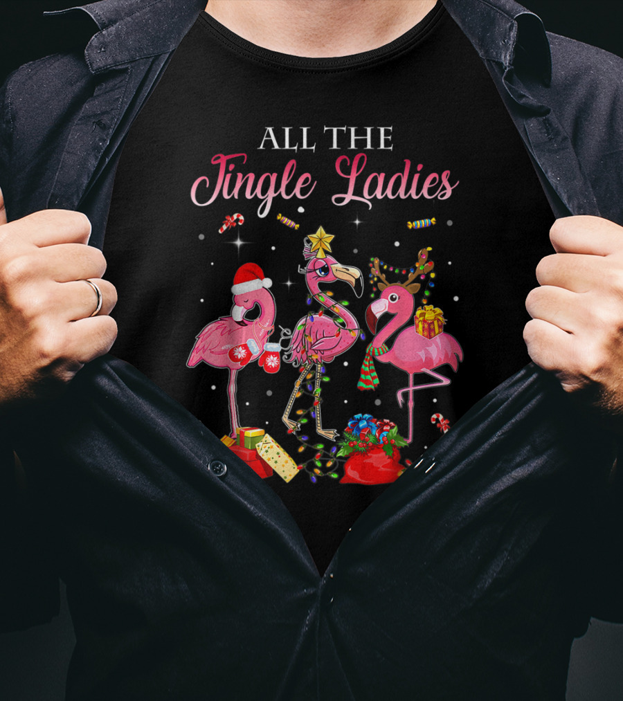 All The Jingle Ladies Christmas Pink Flamingo Santa Hats Presents Lights T-Shirt