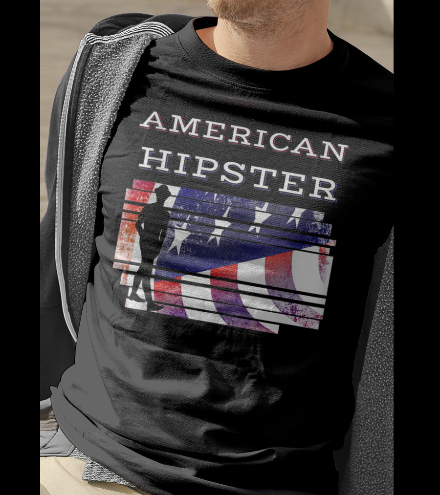 American Hipster Silhouette With Distressed US Flag Background T-Shirt