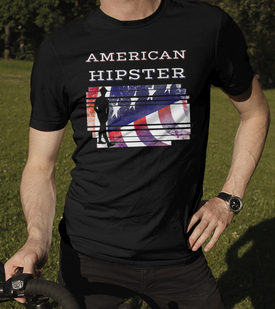 American Hipster Silhouette With Distressed US Flag Background T-Shirt