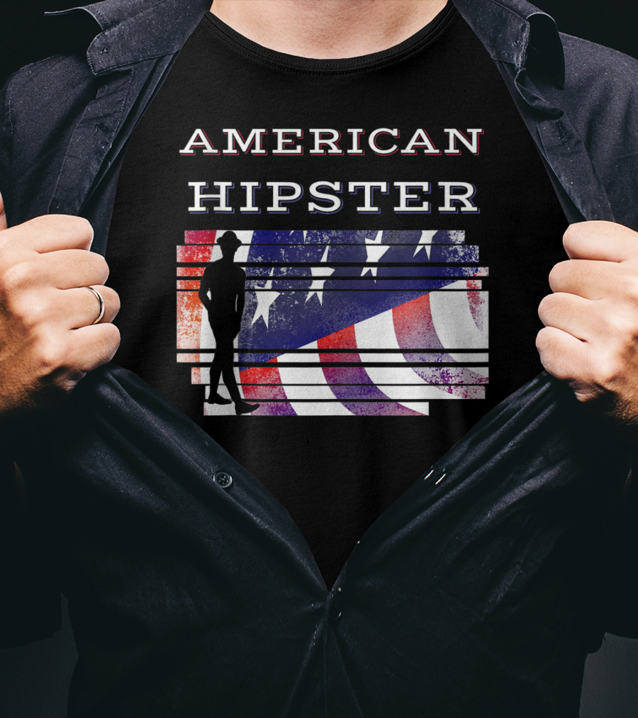American Hipster Silhouette With Distressed US Flag Background T-Shirt