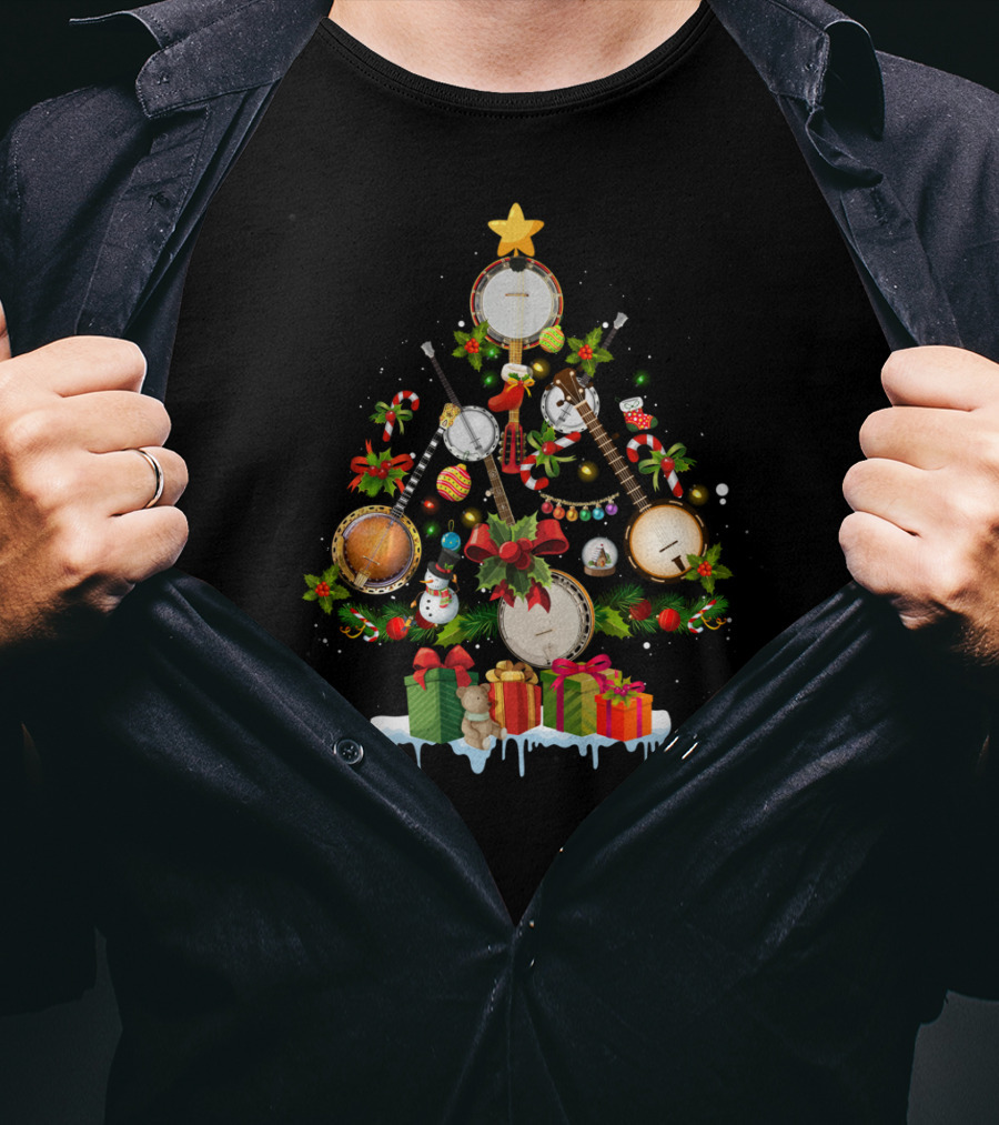 Banjo Christmas Tree With Lights And Gifts T-Shirt