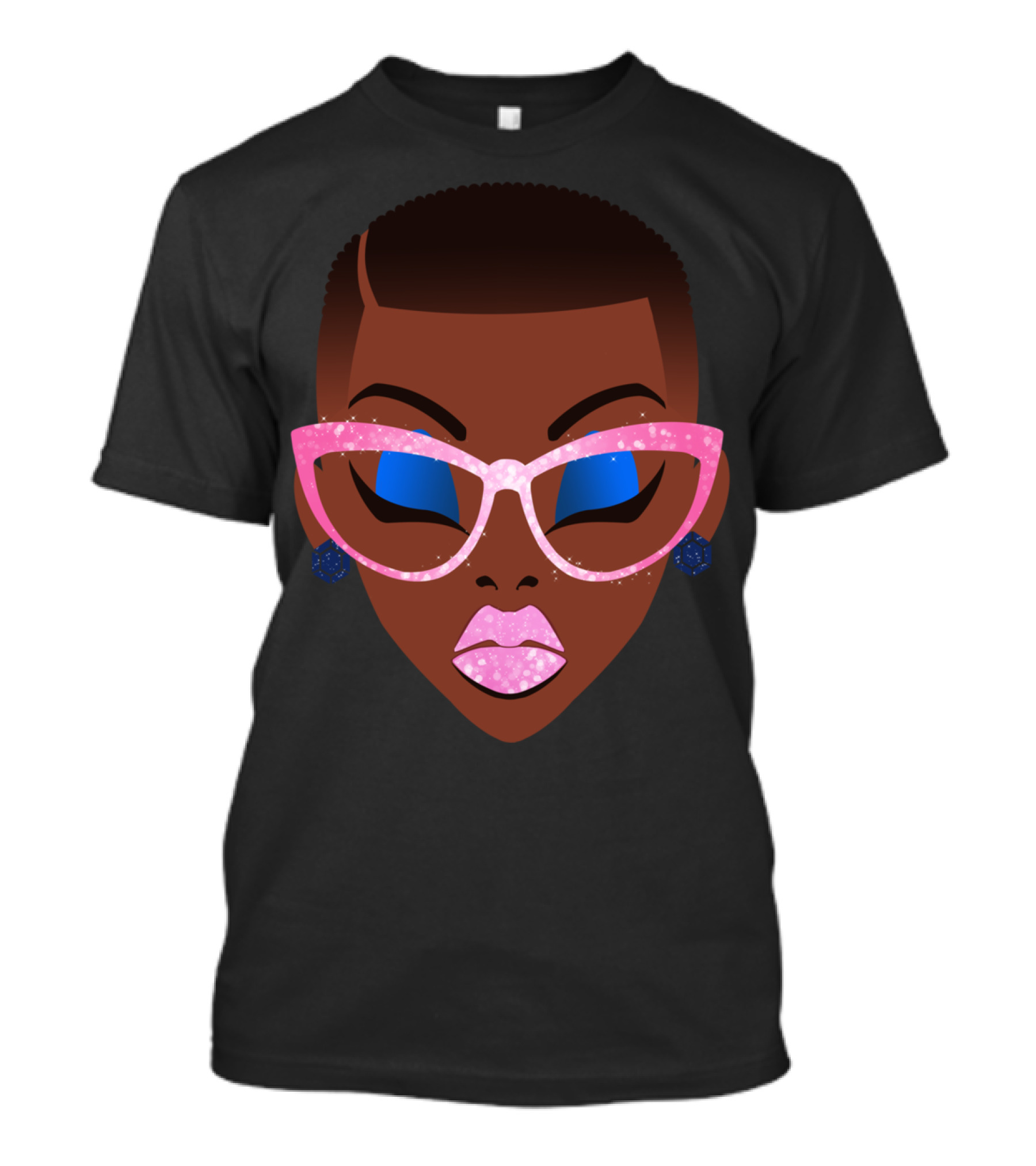 Beautiful Afro Black Girl With Natural Hair Pink Sparkle Glasses T-Shirt
