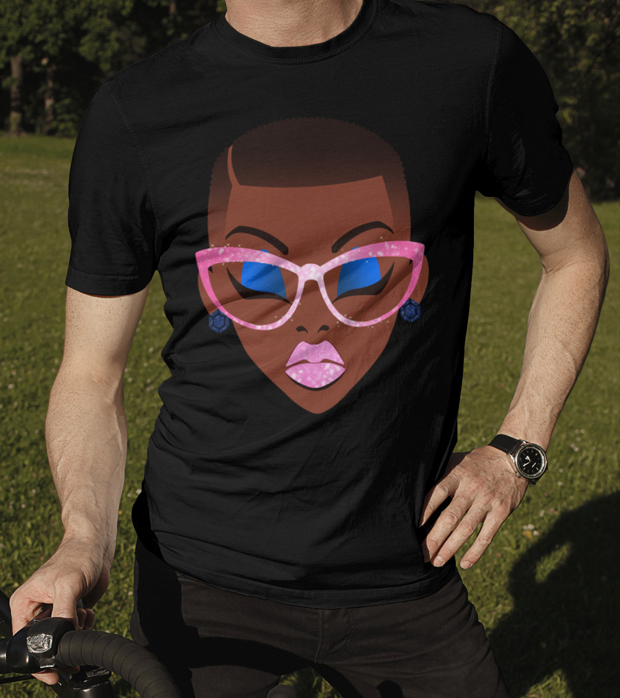 Beautiful Afro Black Girl With Natural Hair Pink Sparkle Glasses T-Shirt