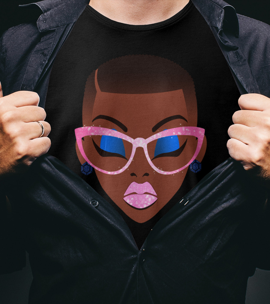Beautiful Afro Black Girl With Natural Hair Pink Sparkle Glasses T-Shirt