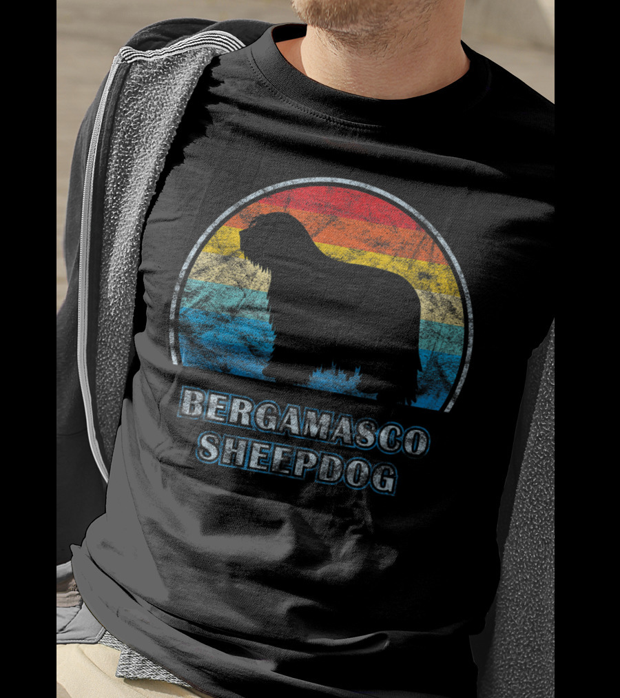 Bergamasco Sheepdog Retro Silhouette Vintage Stripes T-Shirt