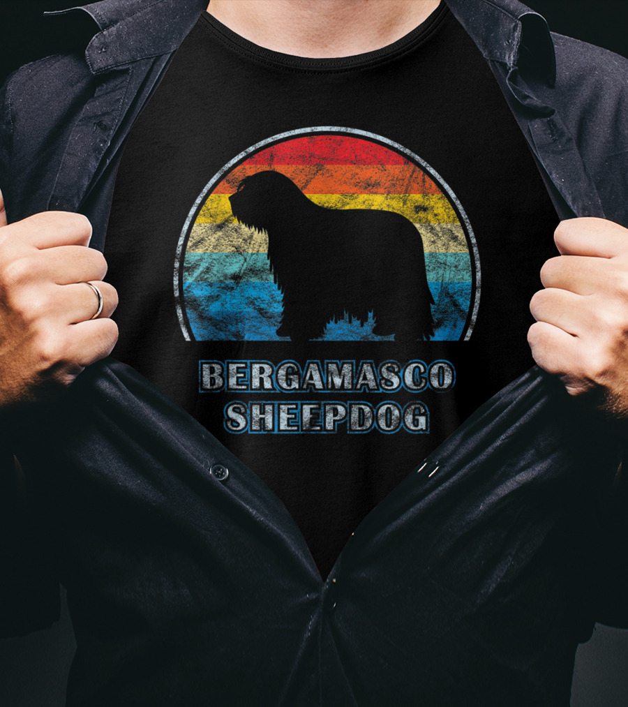 Bergamasco Sheepdog Retro Silhouette Vintage Stripes T-Shirt