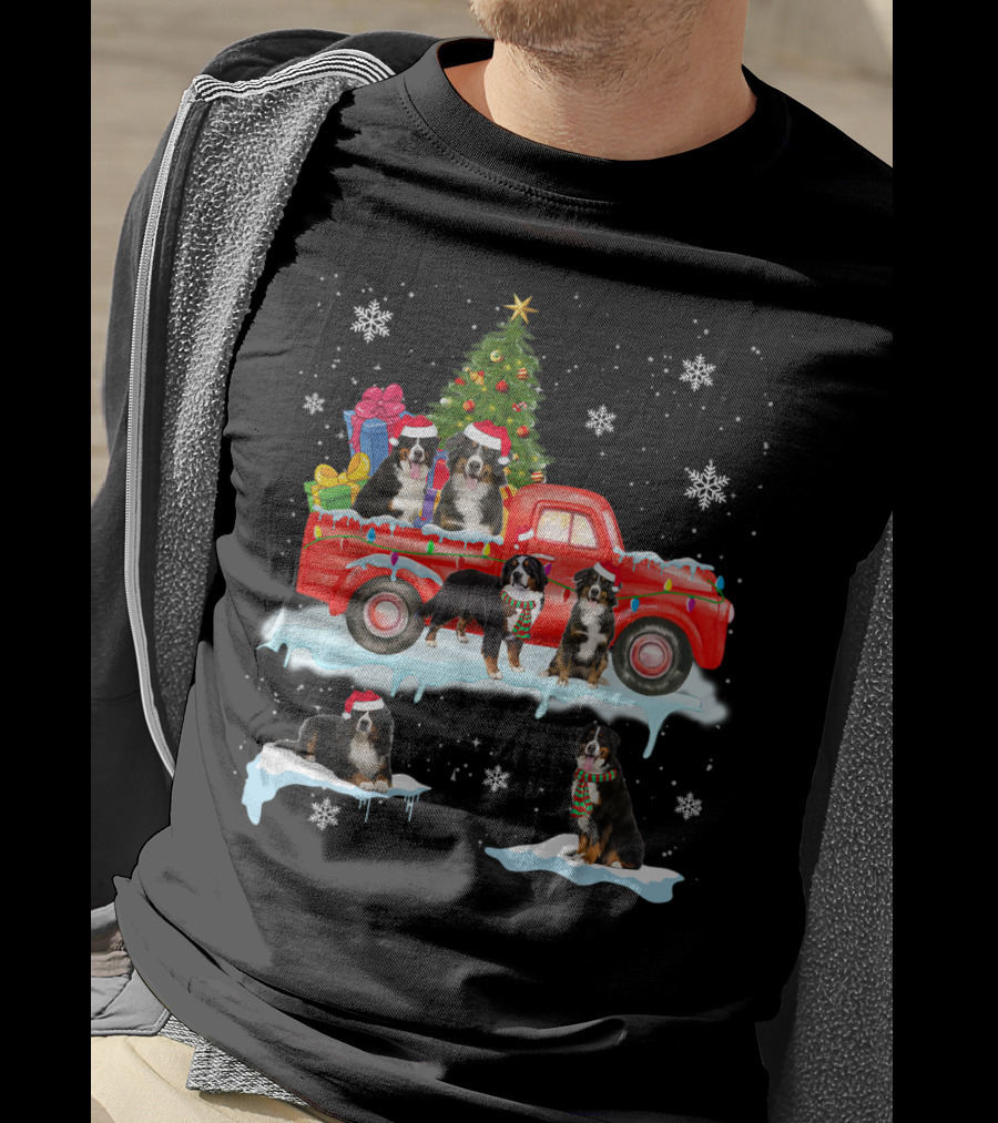 Bernese Mountain Dogs Christmas Red Truck Snowflakes T-Shirt