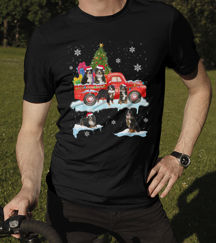 Bernese Mountain Dogs Christmas Red Truck Snowflakes T-Shirt