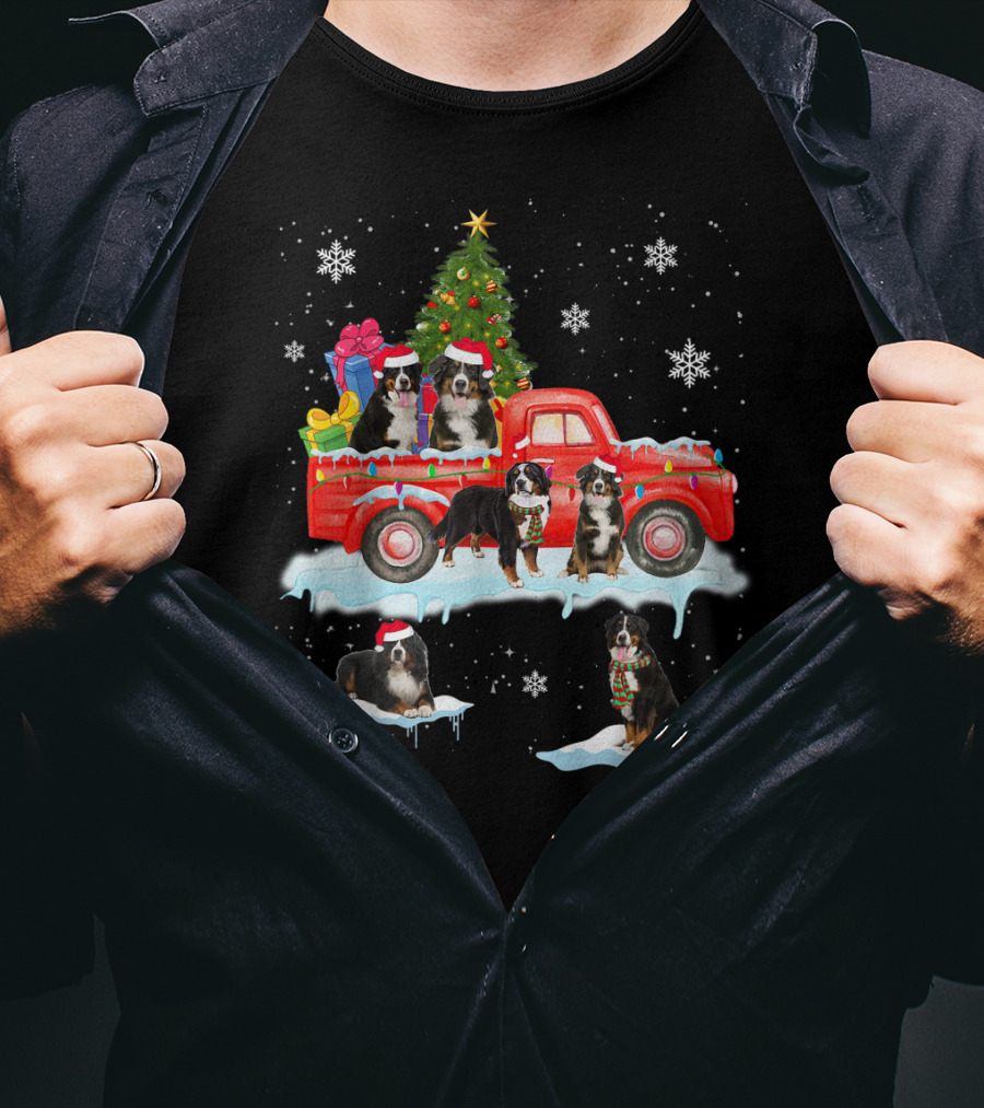 Bernese Mountain Dogs Christmas Red Truck Snowflakes T-Shirt