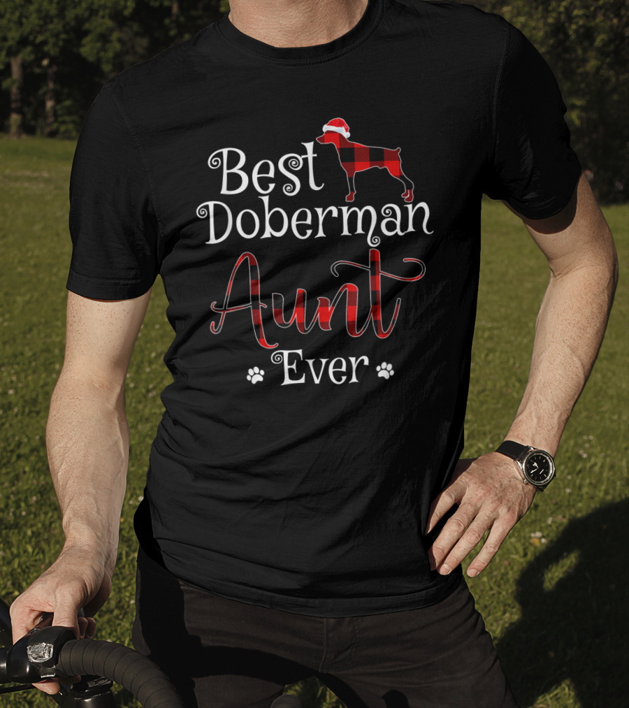 Best Doberman Aunt Ever Plaid Santa Hat Paw Prints T-Shirt
