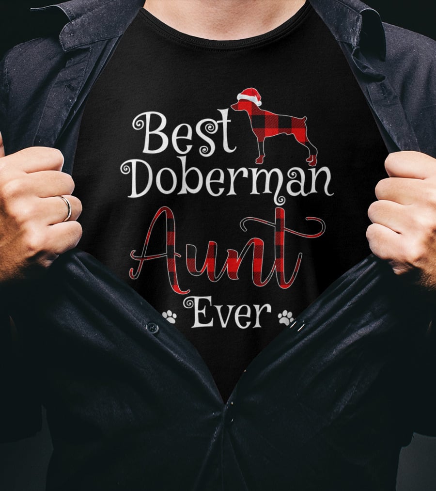Best Doberman Aunt Ever Plaid Santa Hat Paw Prints T-Shirt