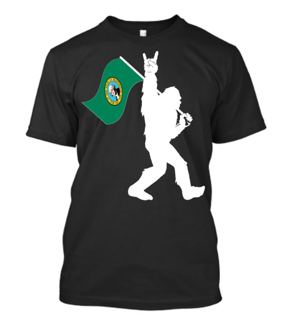 Bigfoot Holding Washington State Flag Rock And Roll Gesture T-Shirt