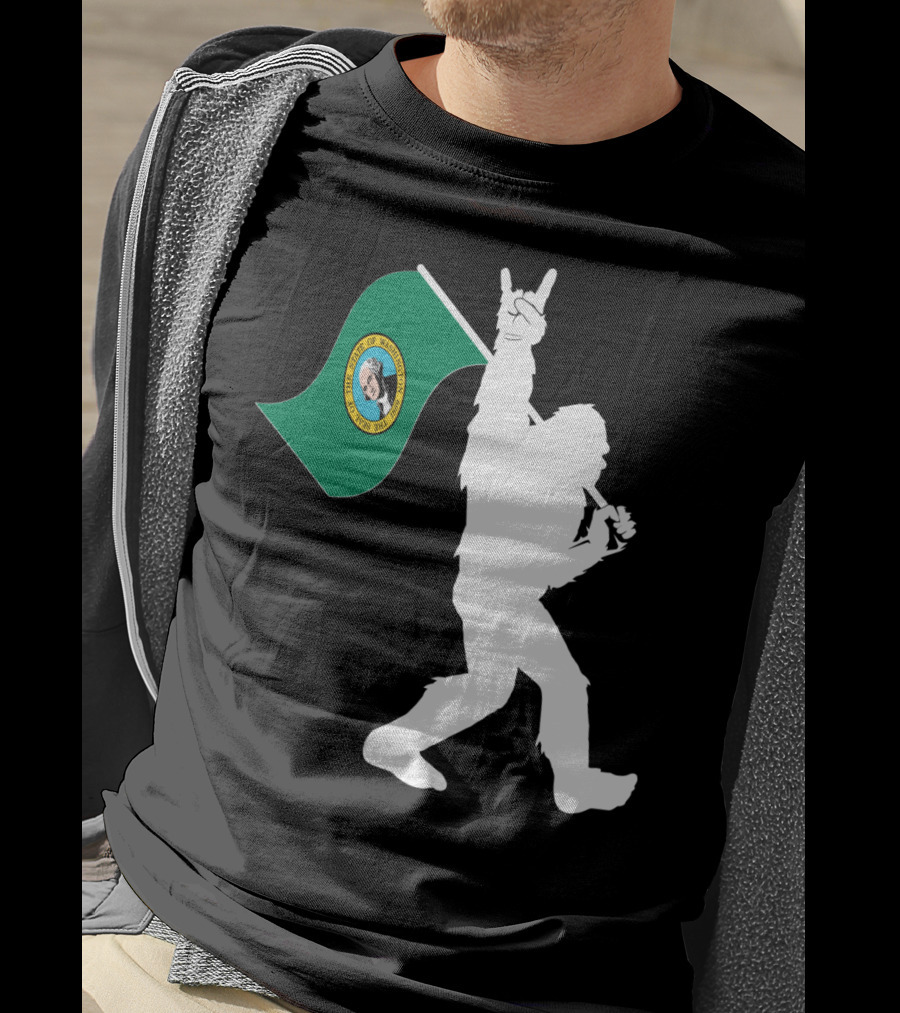 Bigfoot Holding Washington State Flag Rock And Roll Gesture T-Shirt