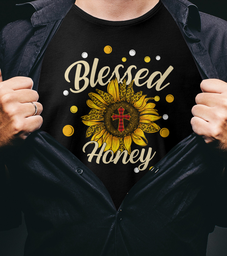 Blessed Honey Sunflower With Cross And Polka Dots T-Shirt