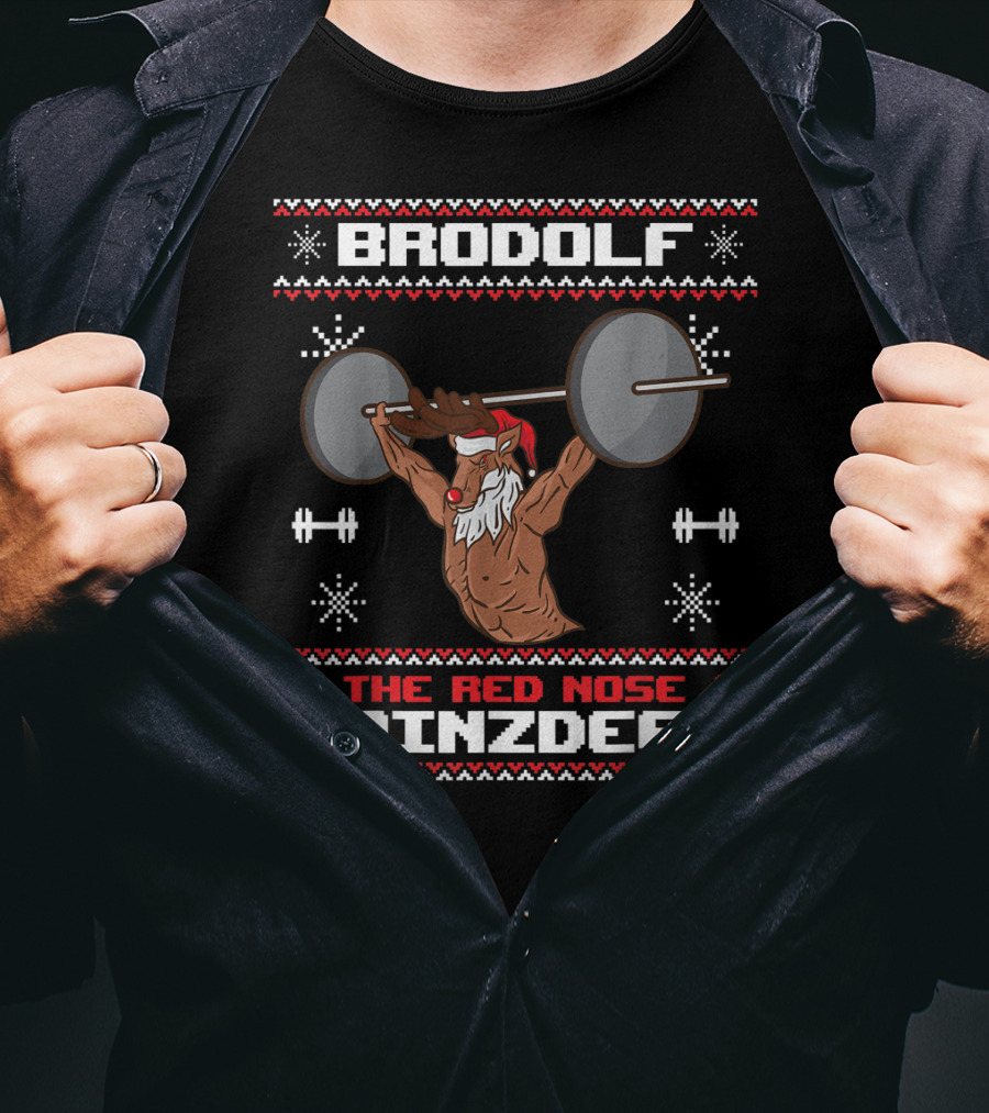Brodolf The Red Nose Gainzdeer Lifting Weights Gym Holiday T-Shirt