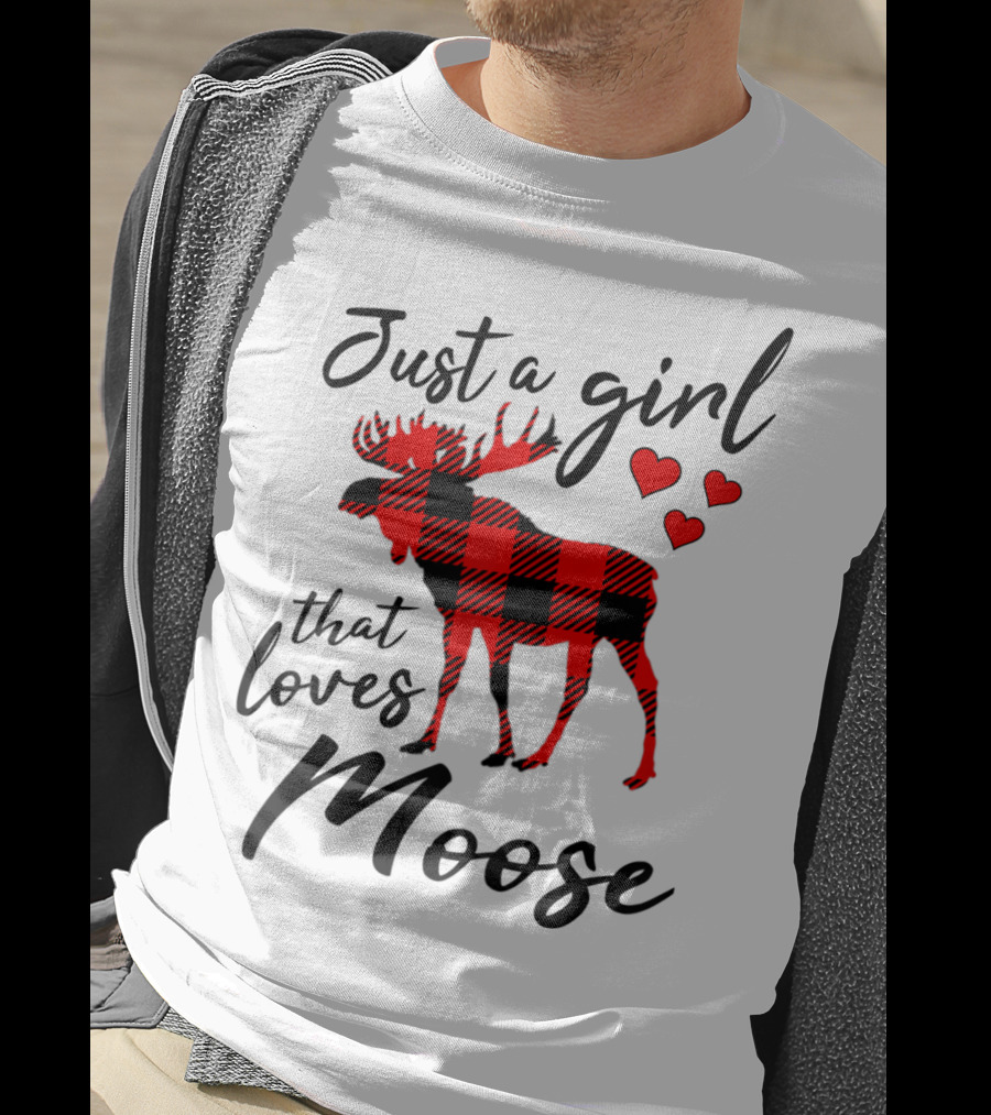 Just A Girl That Loves Moose Buffalo Plaid Hearts T-Shirt