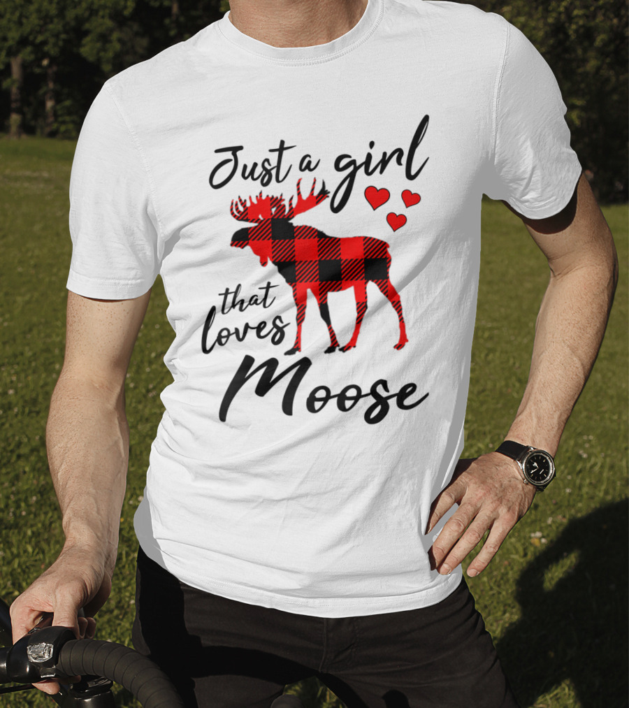 Just A Girl That Loves Moose Buffalo Plaid Hearts T-Shirt
