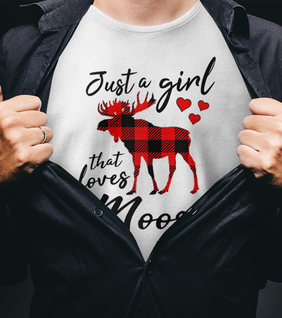 Just A Girl That Loves Moose Buffalo Plaid Hearts T-Shirt