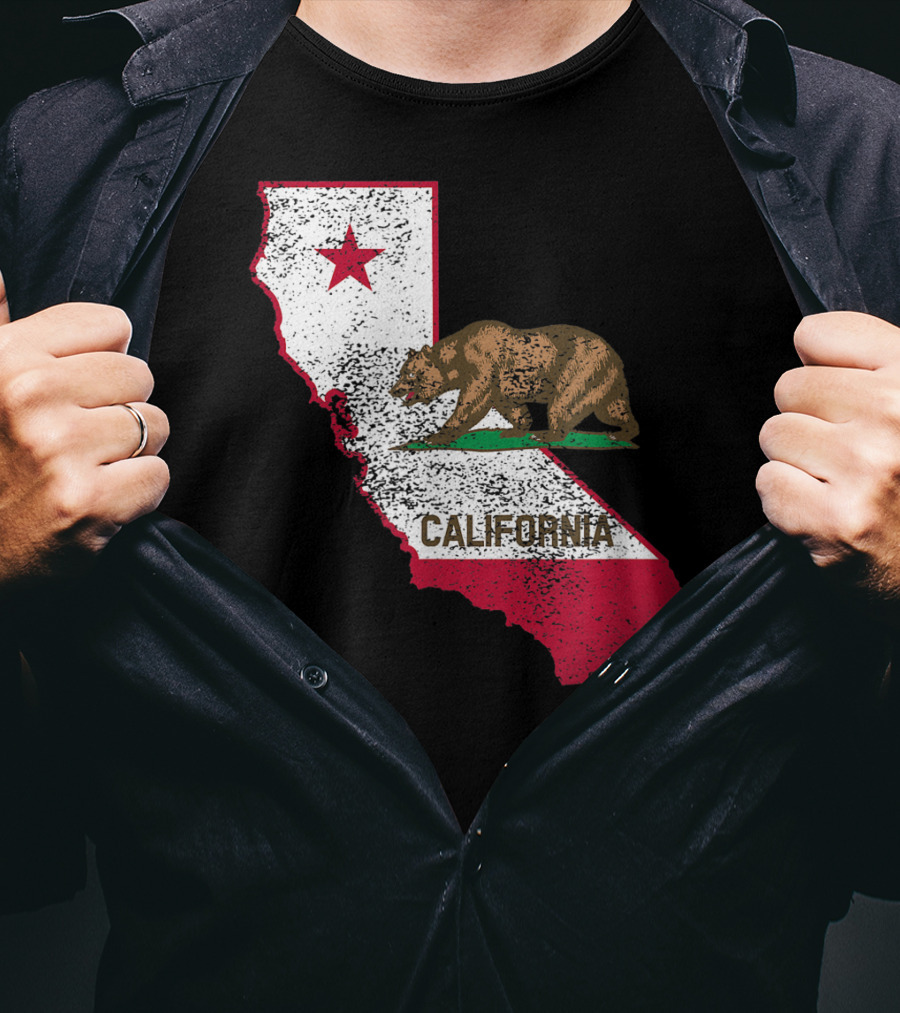 California Flag Bear And Star On State Outline T-Shirt
