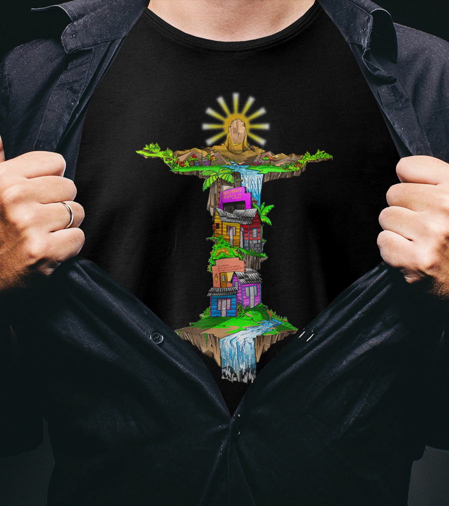 Casitas Dominicanas Brazil Cristo And Colorful Waterfall Houses T-Shirt