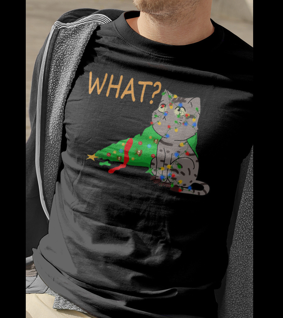 WHAT Funny Black Cat Christmas Tree T-Shirt