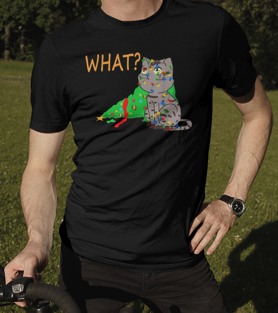 WHAT Funny Black Cat Christmas Tree T-Shirt