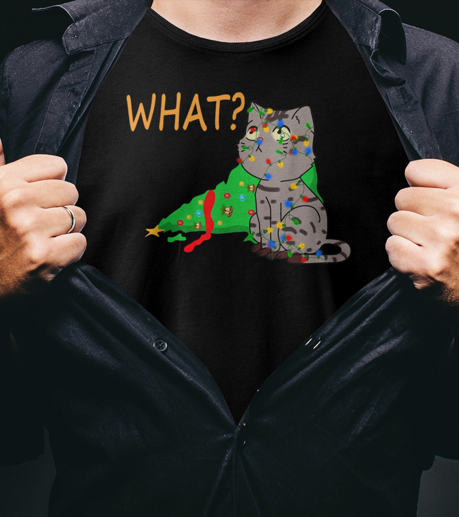 WHAT Funny Black Cat Christmas Tree T-Shirt
