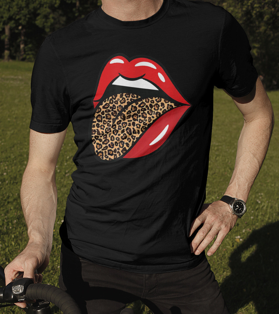Chic Red Lips Leopard Print Tongue Rock Roll T-Shirt