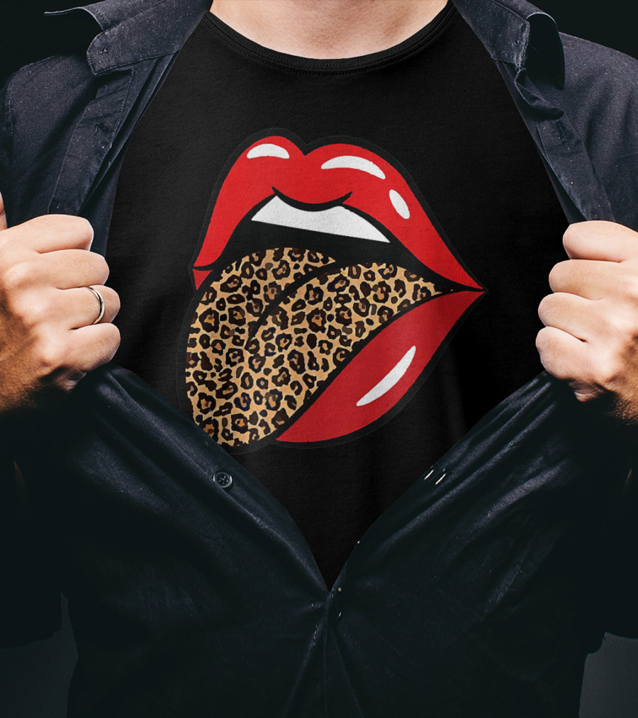 Chic Red Lips Leopard Print Tongue Rock Roll T-Shirt