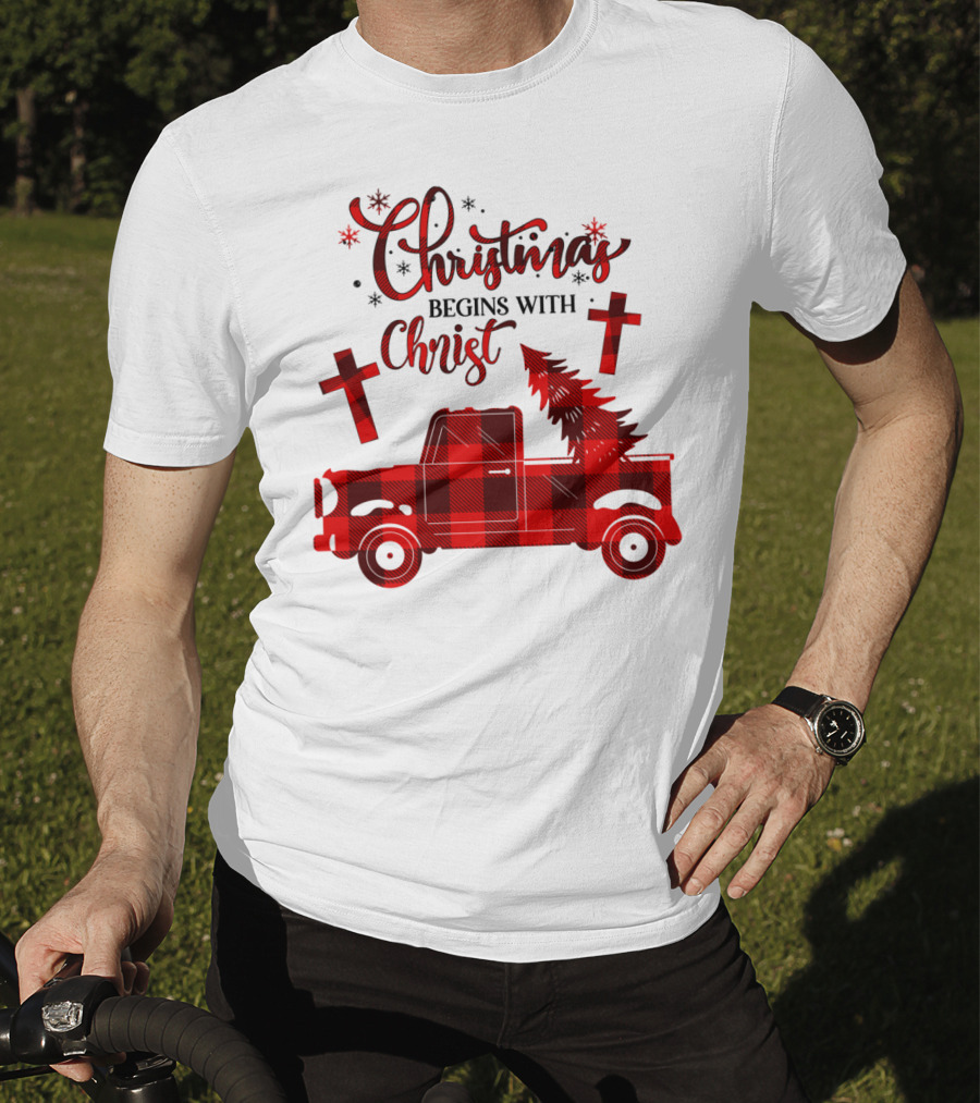 Christmas Begins With Christ Buffalo Plaid Red Truck With Tree And Crosses T-Shirt