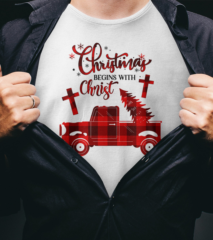 Christmas Begins With Christ Buffalo Plaid Red Truck With Tree And Crosses T-Shirt