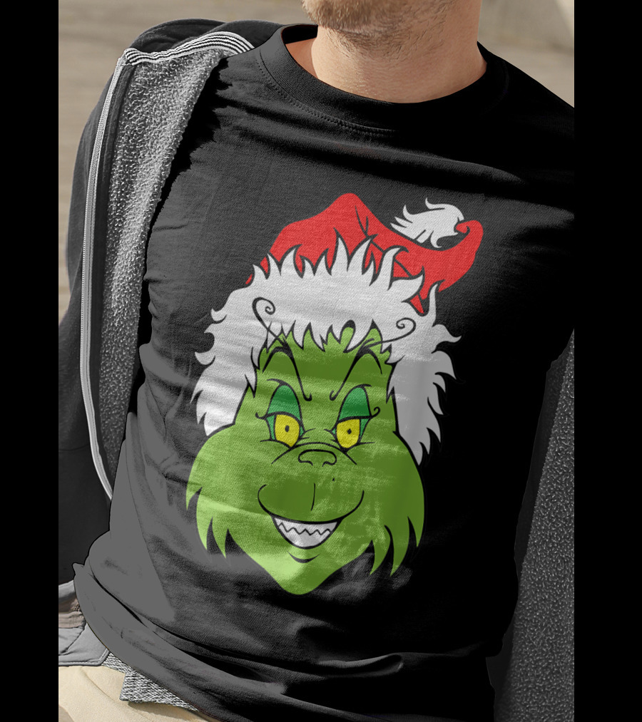 Grinch Christmas Face Santa Hat Smile T-Shirt