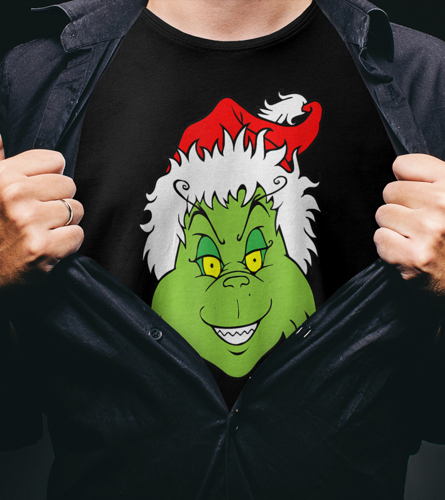 Grinch Christmas Face Santa Hat Smile T-Shirt