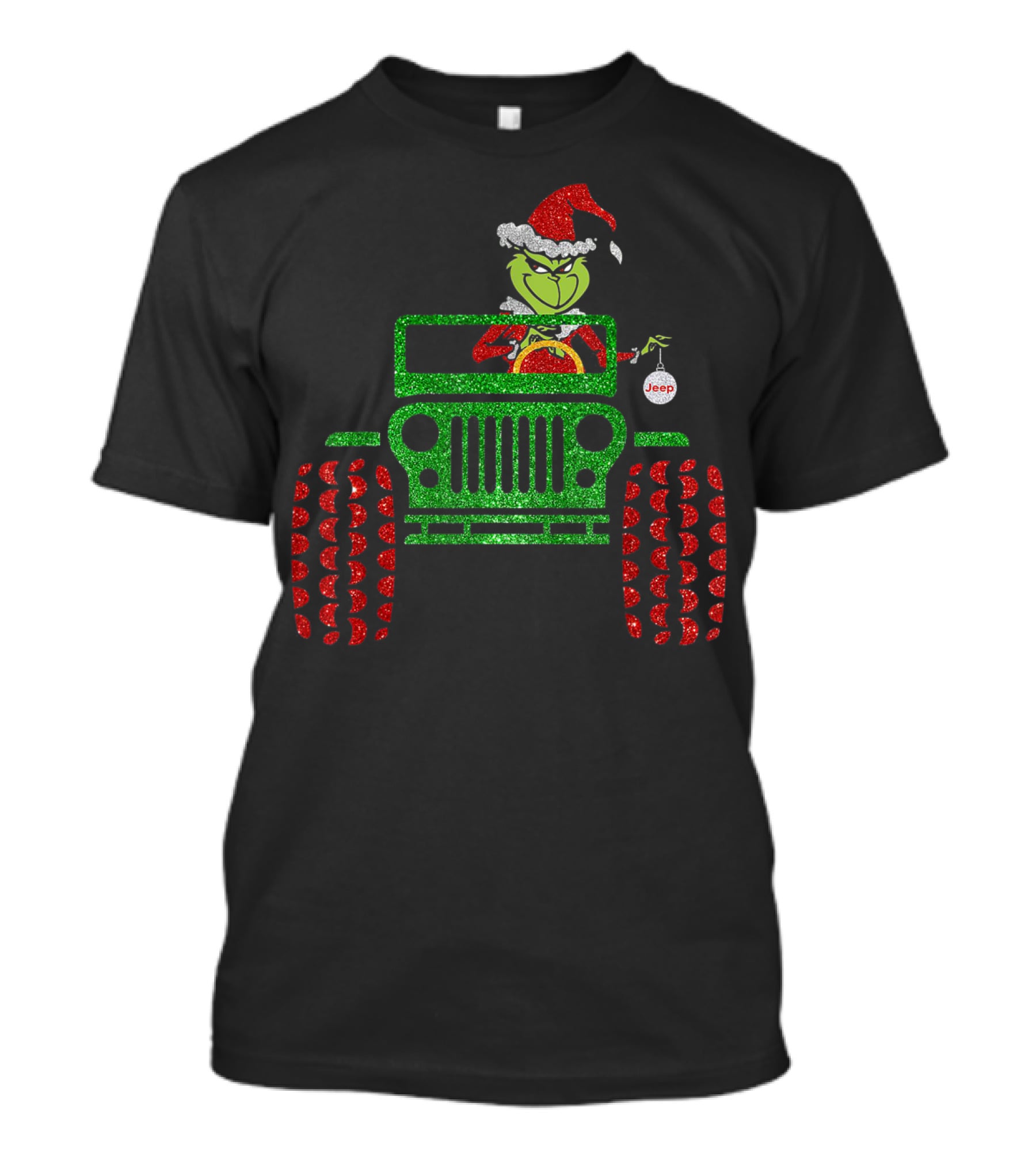 Christmas Grinch Driving Jeep Santa Hat Red Green Glitter Style Jeep T-Shirt