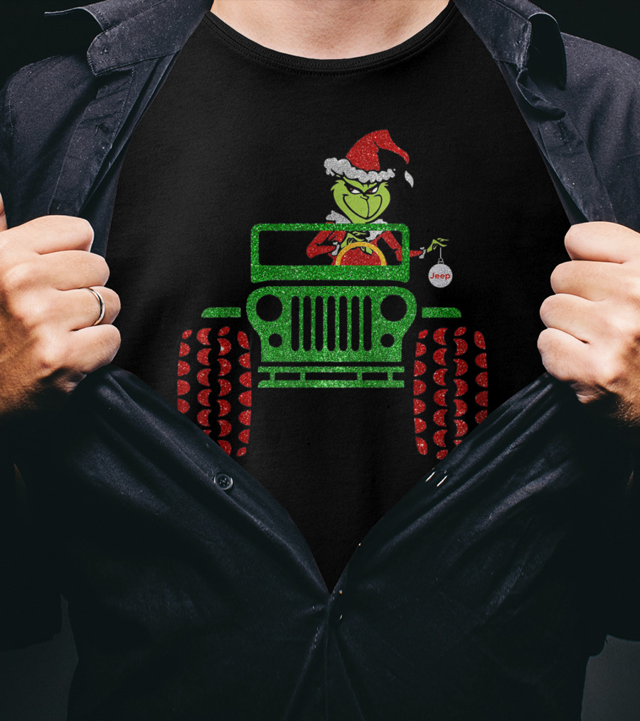 Christmas Grinch Driving Jeep Santa Hat Red Green Glitter Style Jeep T-Shirt