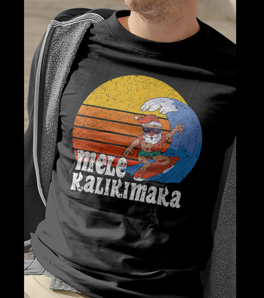 Mele Kalikimaka Surfing Santa Sunset Wave T-Shirt