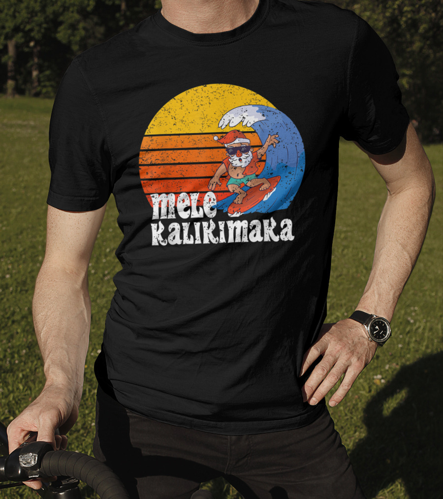 Mele Kalikimaka Surfing Santa Sunset Wave T-Shirt