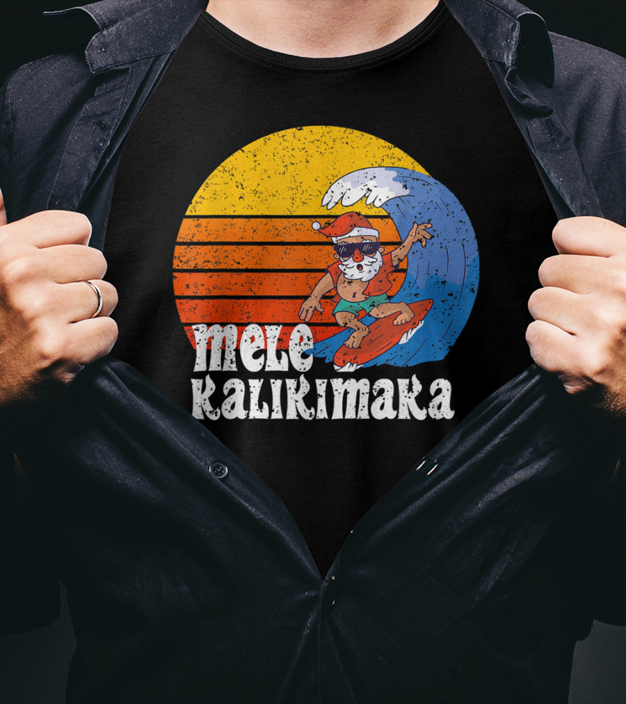 Mele Kalikimaka Surfing Santa Sunset Wave T-Shirt