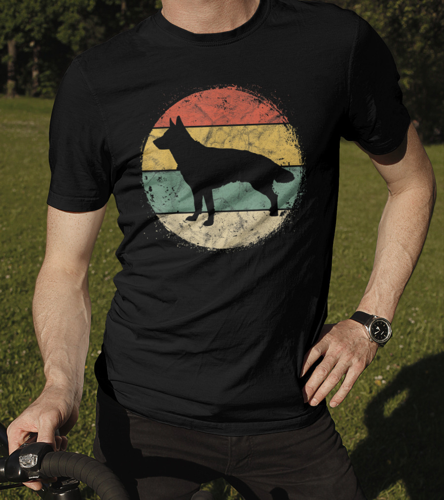 Vintage Circular German Shepherd Silhouette Retro Stripes T-Shirt