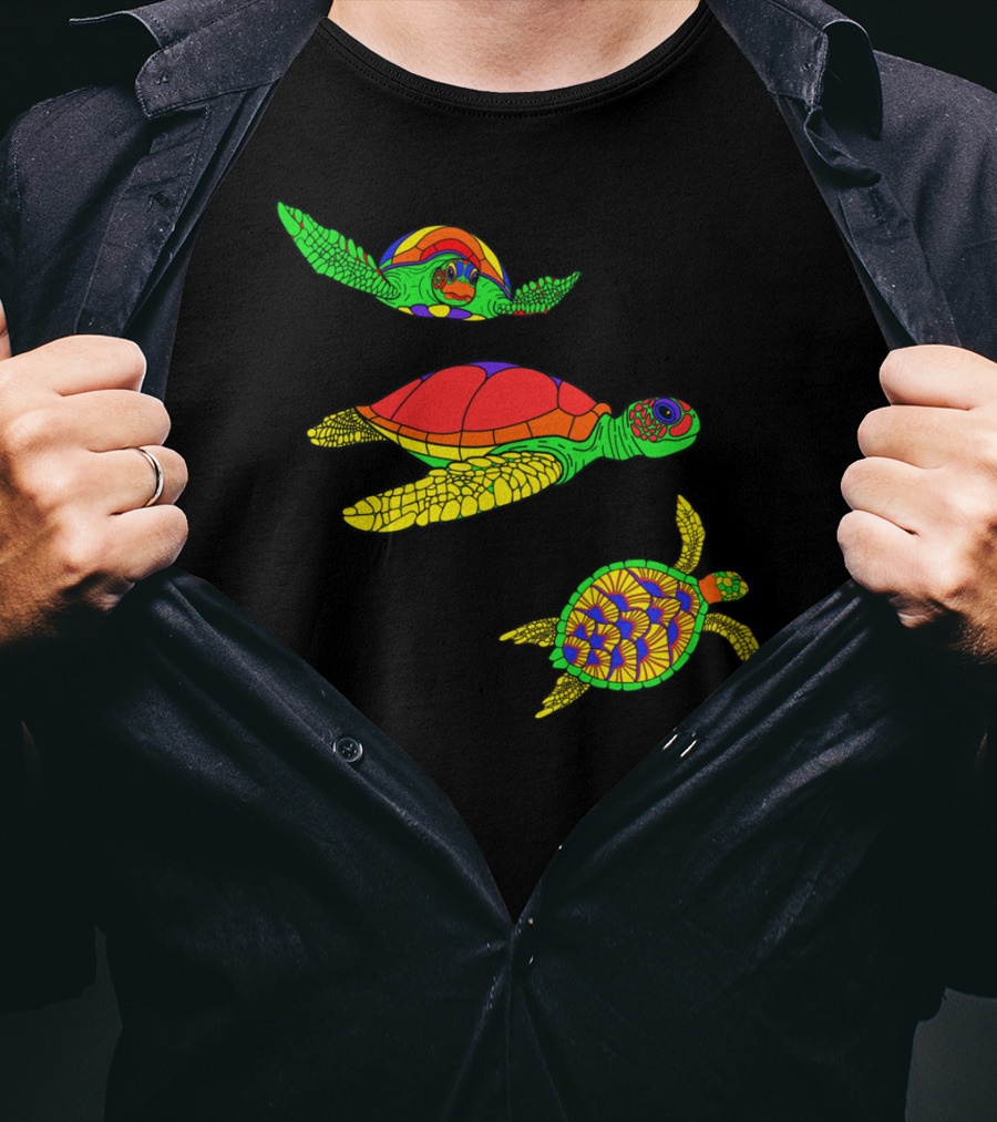 Colorful Swimming Sea Turtle Shell Artful Display T-Shirt
