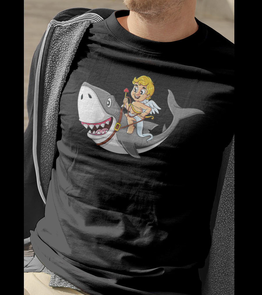 Cupid Riding Shark Valentines Day Iconic Funny Cartoon T-Shirt