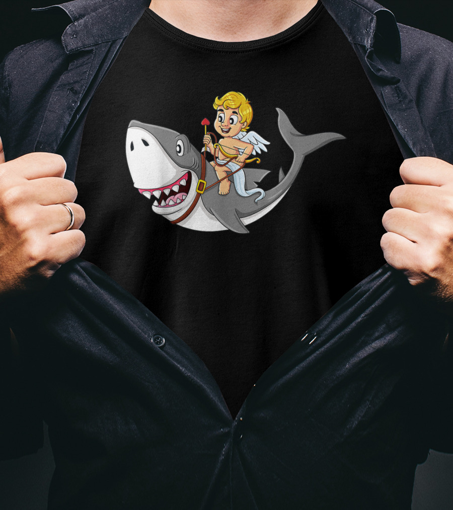 Cupid Riding Shark Valentines Day Iconic Funny Cartoon T-Shirt